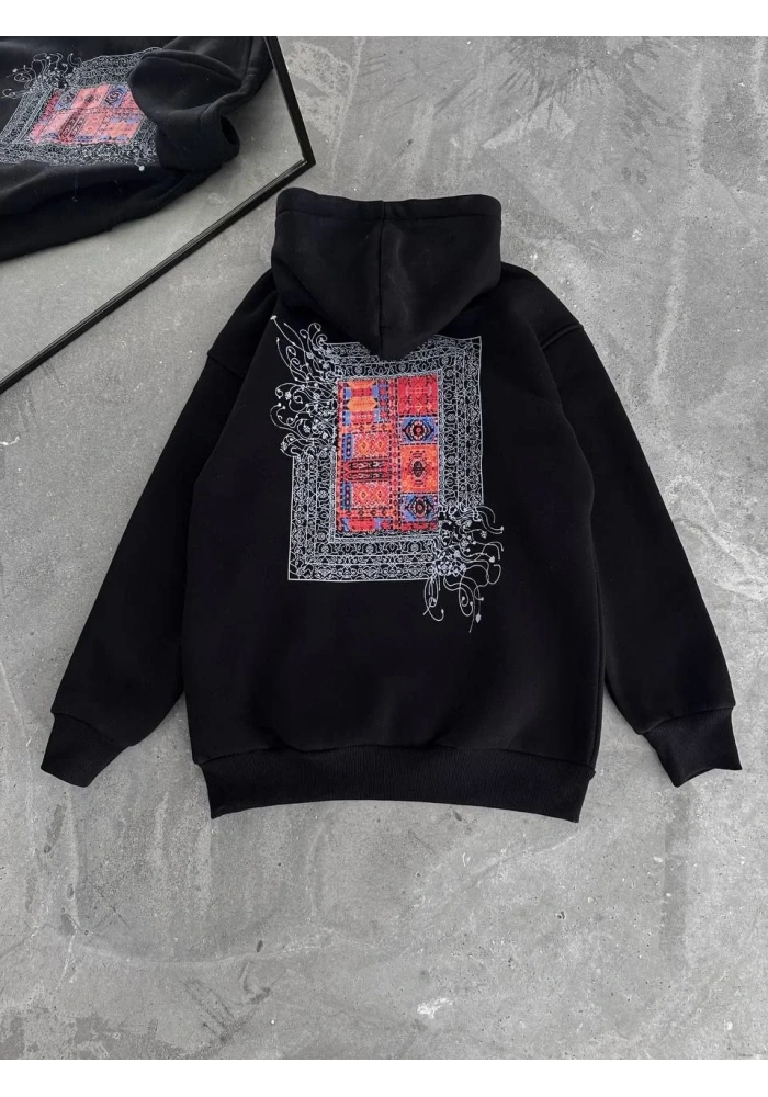 Uzun Kol Kapüşonlu Ön Ve Arka Baskılı SweatShirt - Siyah