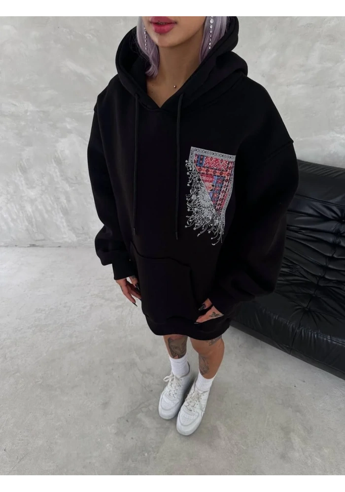 Uzun Kol Kapüşonlu Ön Ve Arka Baskılı SweatShirt - Siyah