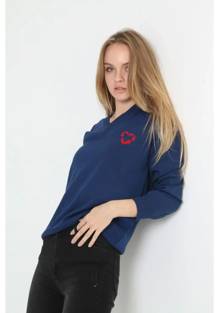 Uzun Kol V Yaka Baskılı Dokuma Triko - Indigo