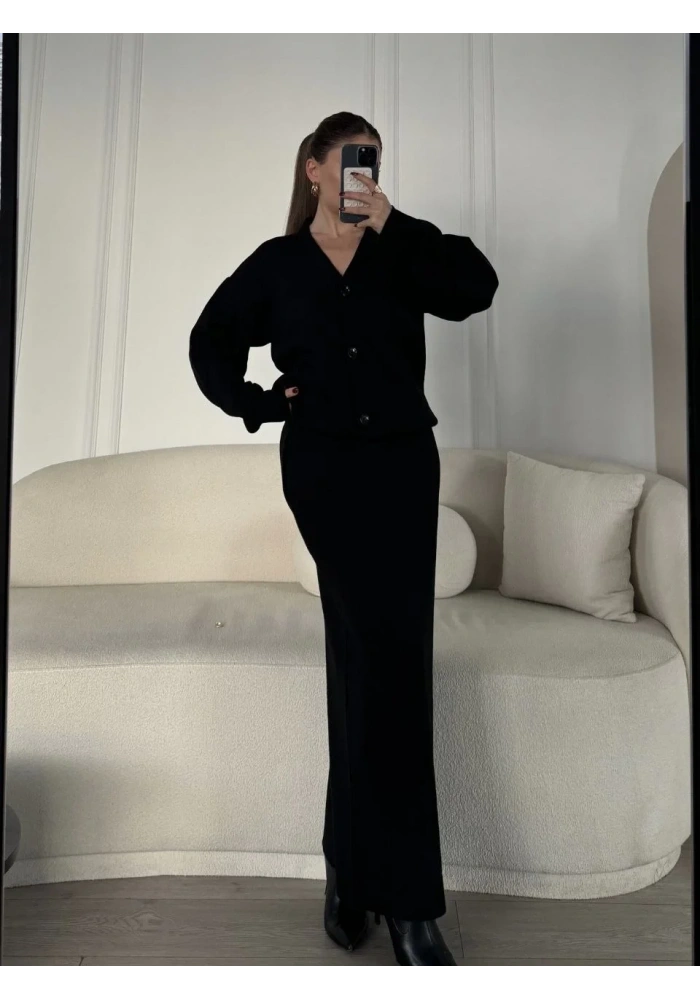 V Yaka 3 Düğmeli Hırka Takım Triko İkili Etekli - Siyah