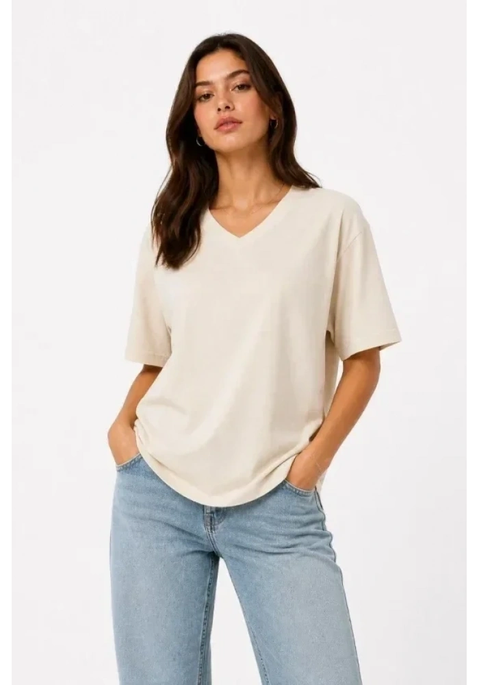 V Yaka Basic Tişört Kısa Kol Yazlık Regular Fit T-Shirt - Bej