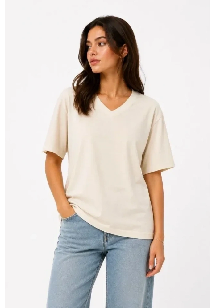 V Yaka Basic Tişört Kısa Kol Yazlık Regular Fit T-Shirt - Bej