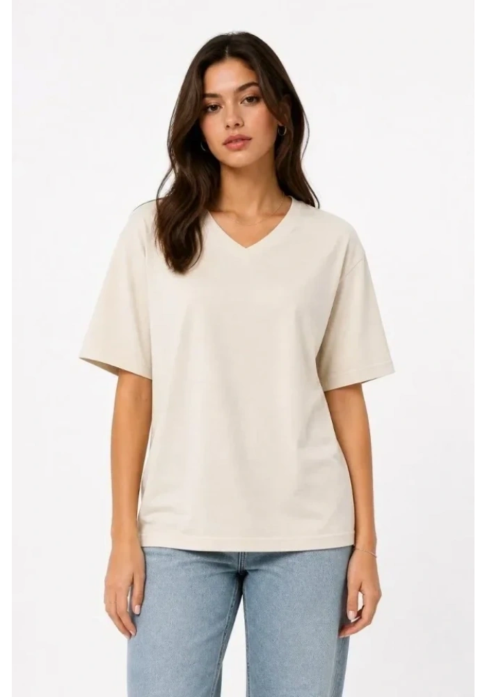 V Yaka Basic Tişört Kısa Kol Yazlık Regular Fit T-Shirt - Bej
