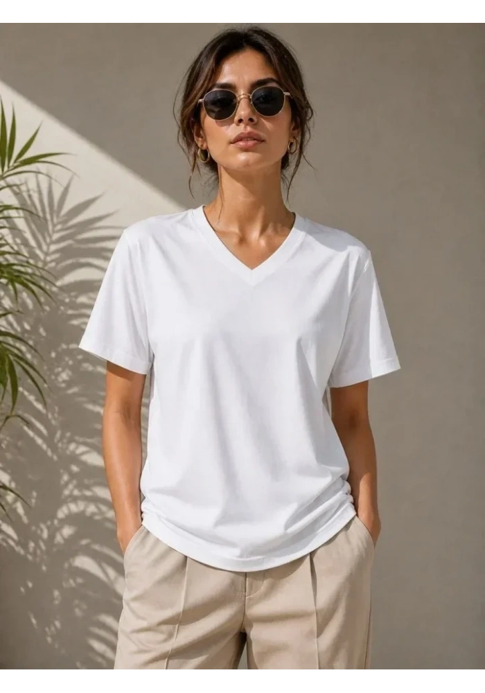 V Yaka Basic Tişört Kısa Kol Yazlık Regular Fit T-Shirt - Beyaz