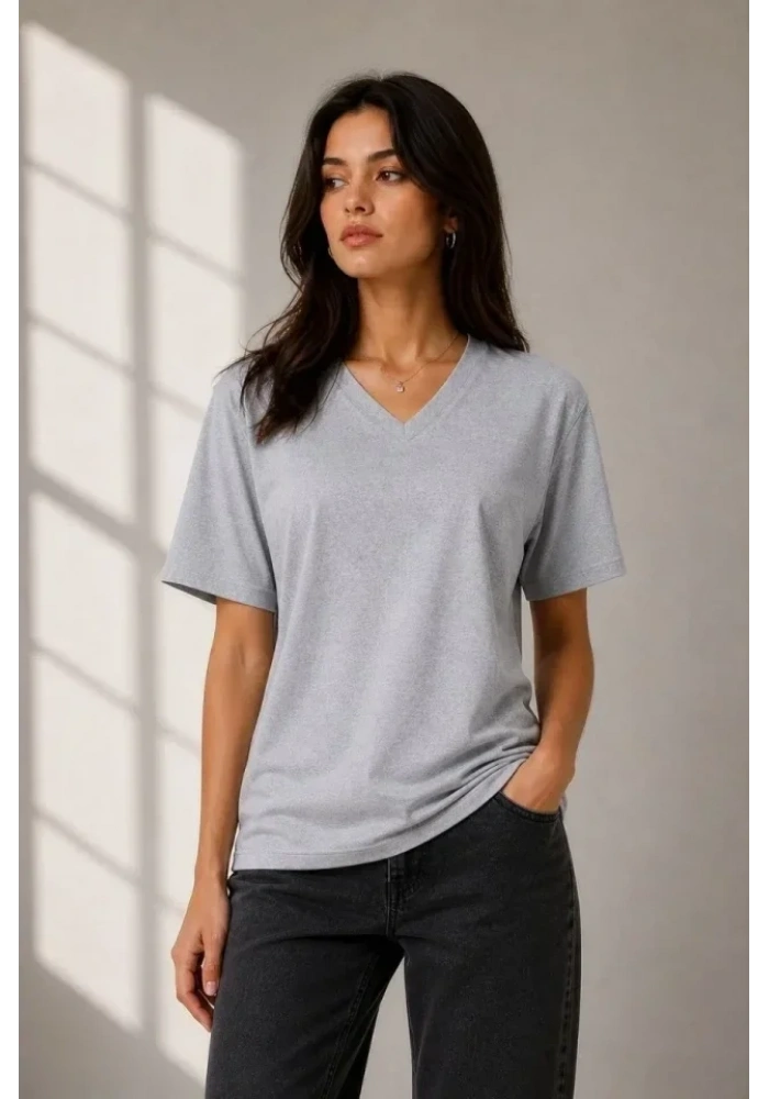V Yaka Basic Tişört Kısa Kol Yazlık Regular Fit T-Shirt - Gri