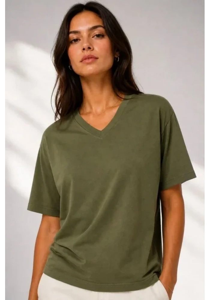 V Yaka Basic Tişört Kısa Kol Yazlık Regular Fit T-Shirt - Haki