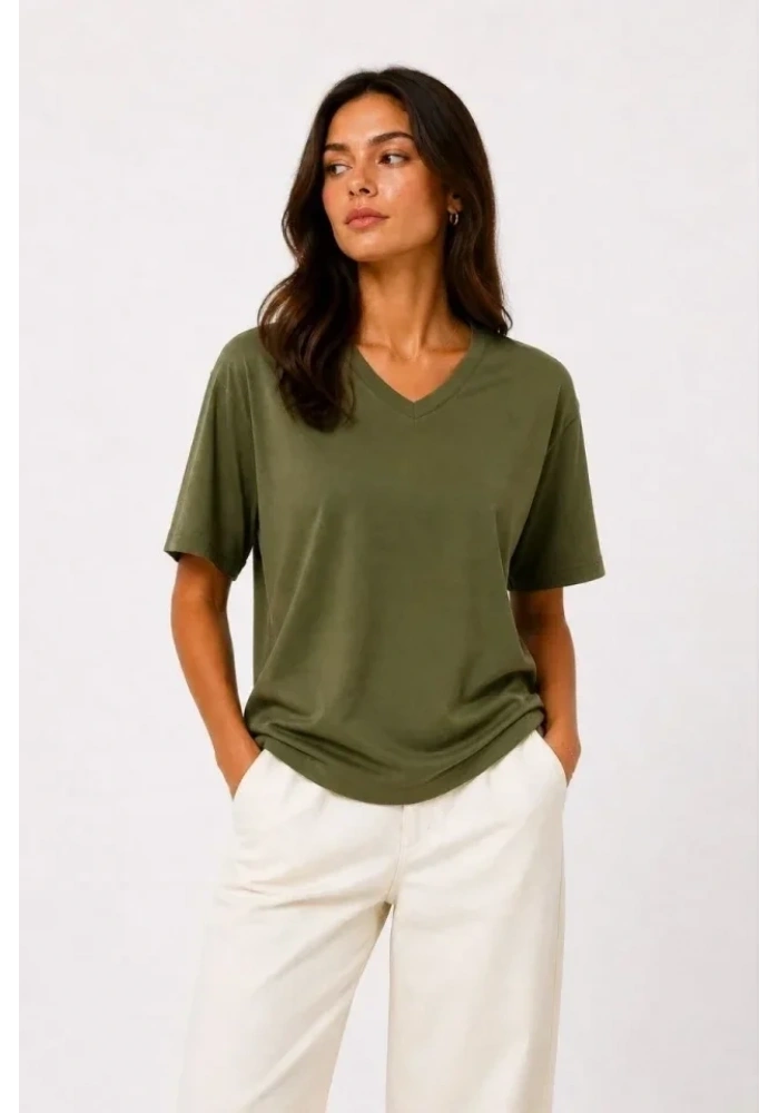 V Yaka Basic Tişört Kısa Kol Yazlık Regular Fit T-Shirt - Haki
