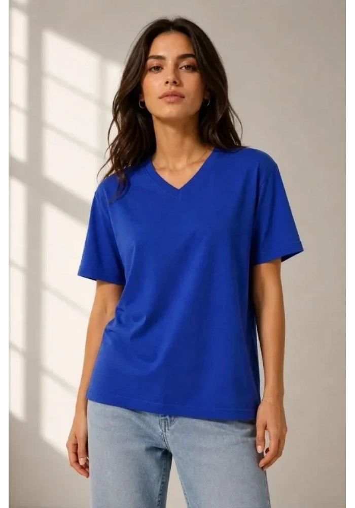 V Yaka Basic Tişört Kısa Kol Yazlık Regular Fit T-Shirt - Saks Mavisi