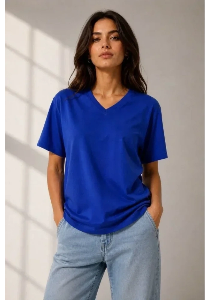 V Yaka Basic Tişört Kısa Kol Yazlık Regular Fit T-Shirt - Saks Mavisi