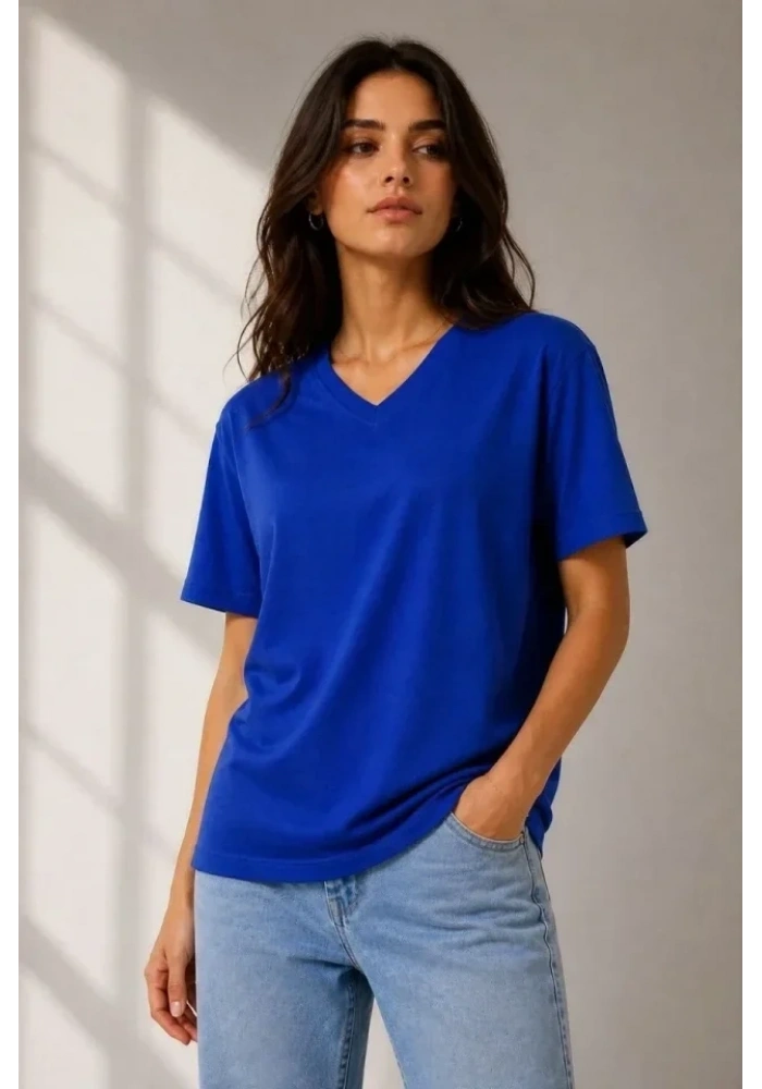 V Yaka Basic Tişört Kısa Kol Yazlık Regular Fit T-Shirt - Saks Mavisi