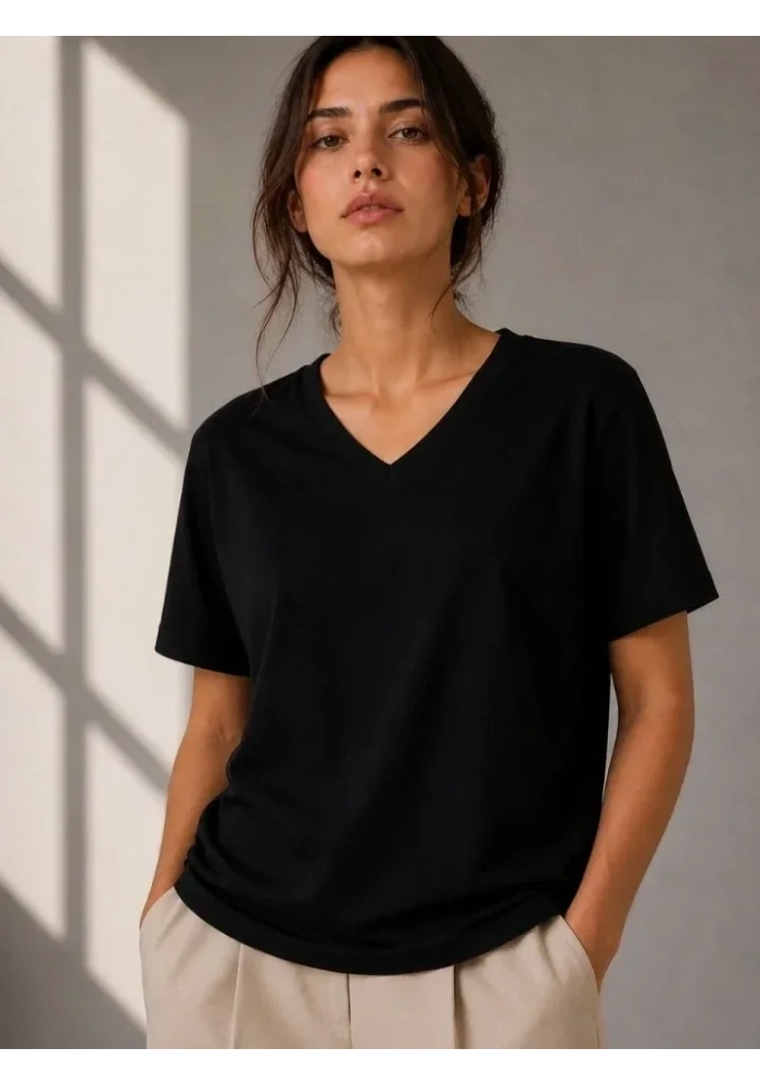 V Yaka Basic Tişört Kısa Kol Yazlık Regular Fit T-Shirt - Siyah