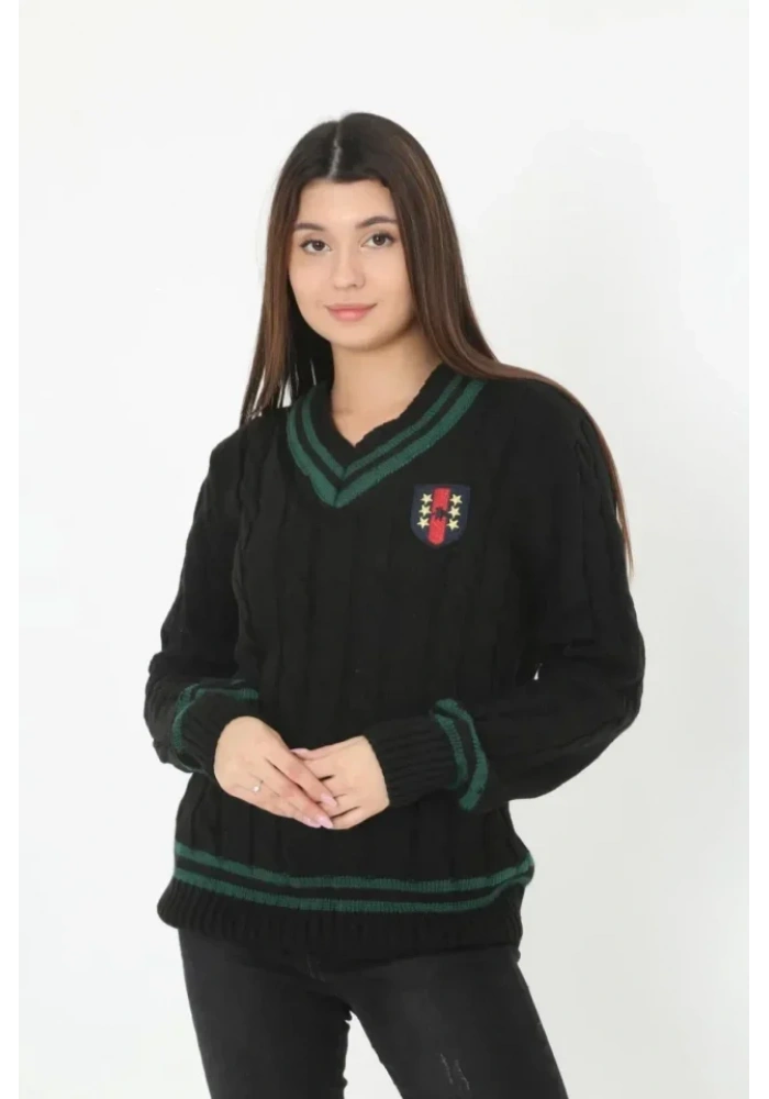 V Yaka Örgülü Kazak - Siyah