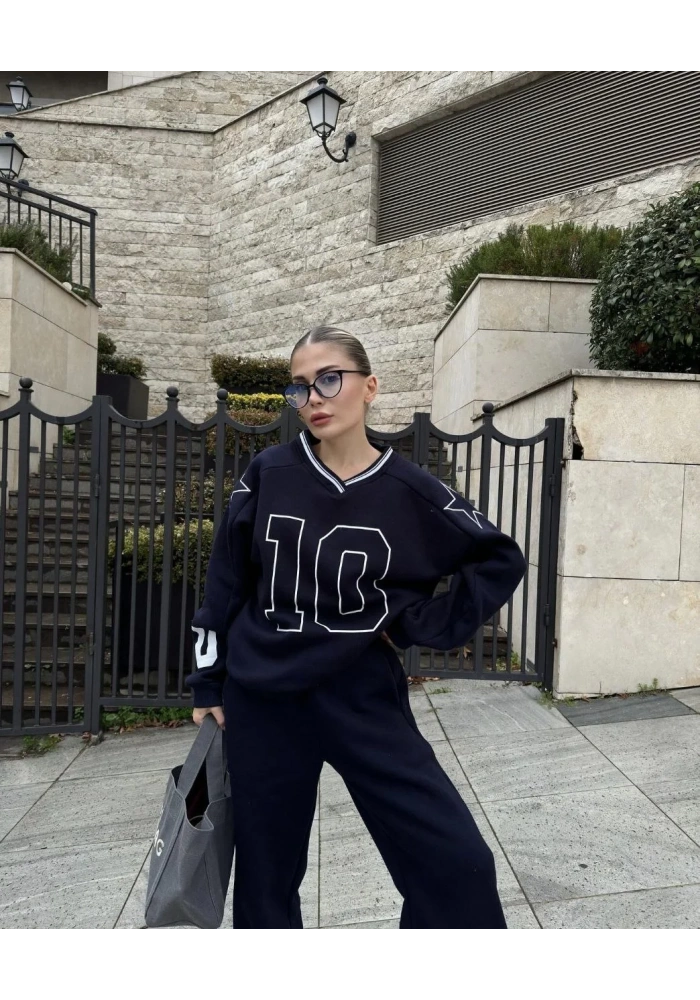 V Yaka Üç İplik Sweat Takım - Siyah