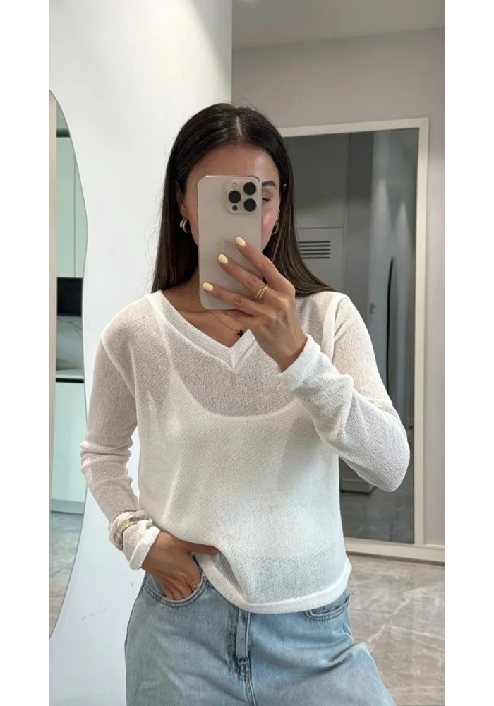 V Yaka uzun Kollu Triko ince Bluz - Beyaz