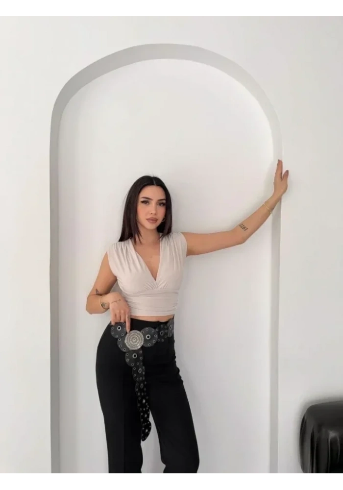 Vatkalı Kolsuz V Yaka Drapeli Crop Bluz Likralı Fit - Boyalı Gri