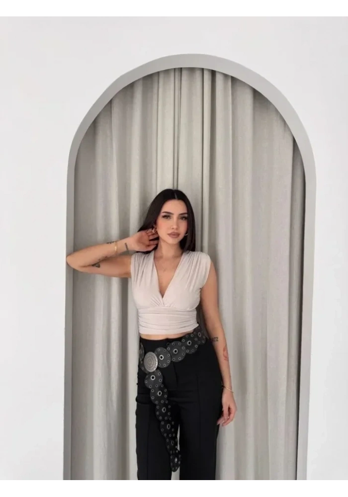 Vatkalı Kolsuz V Yaka Drapeli Crop Bluz Likralı Fit - Boyalı Gri