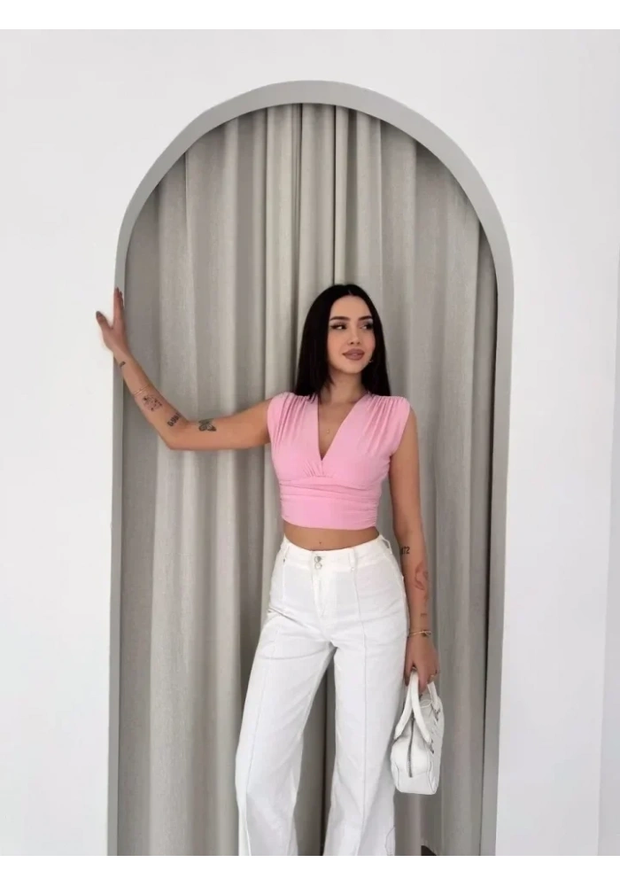 Vatkalı Kolsuz V Yaka Drapeli Crop Bluz Likralı Fit - Pembe