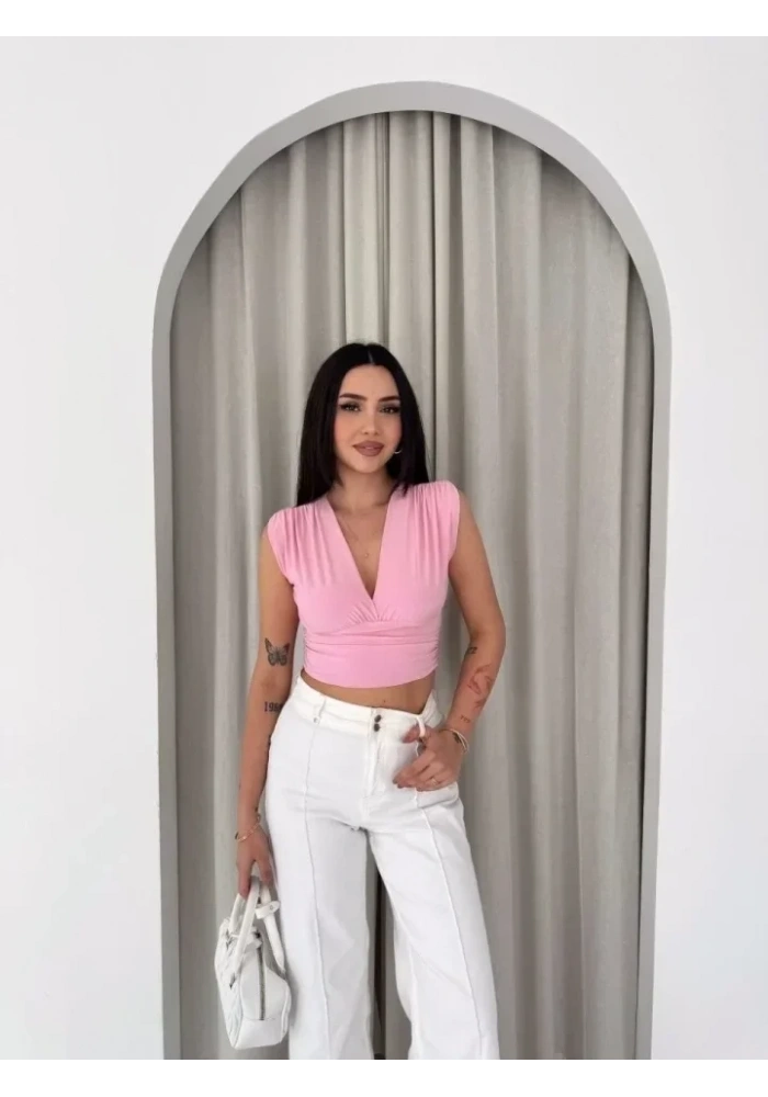 Vatkalı Kolsuz V Yaka Drapeli Crop Bluz Likralı Fit - Pembe