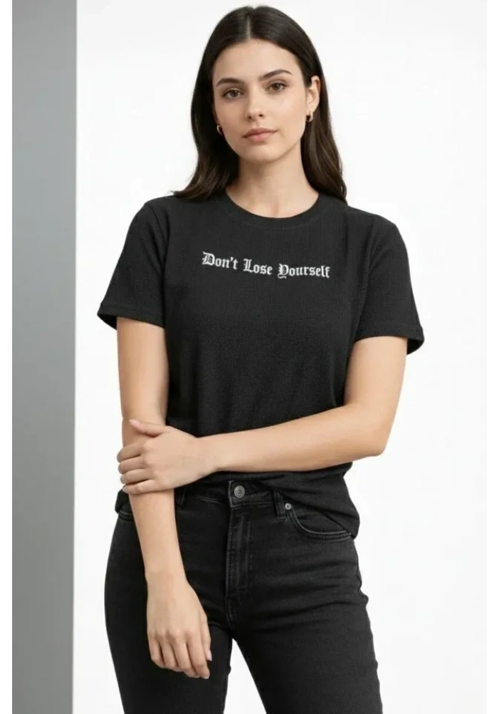 Wafıl Kumaş Tişört Regular Kalıp Bisiklet Yaka Baskılı Günlük Basic T-Shirt - Siyah