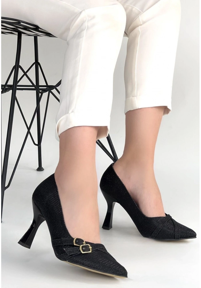 Wenda Siyah Simli Cilt Topuklu Ayakkabı