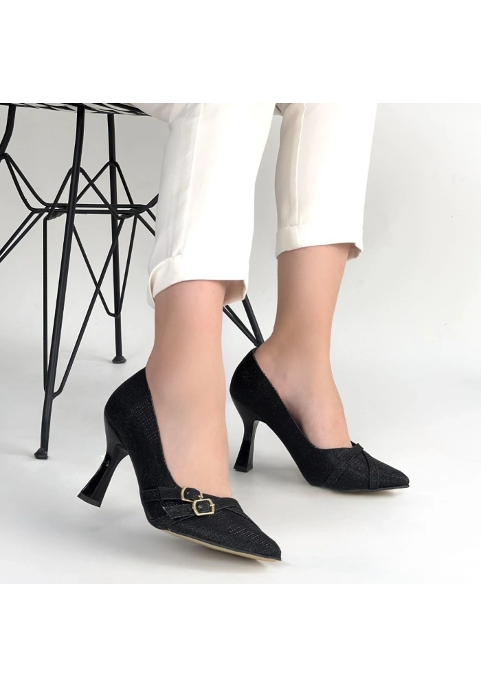 Wenda Siyah Simli Cilt Topuklu Ayakkabı