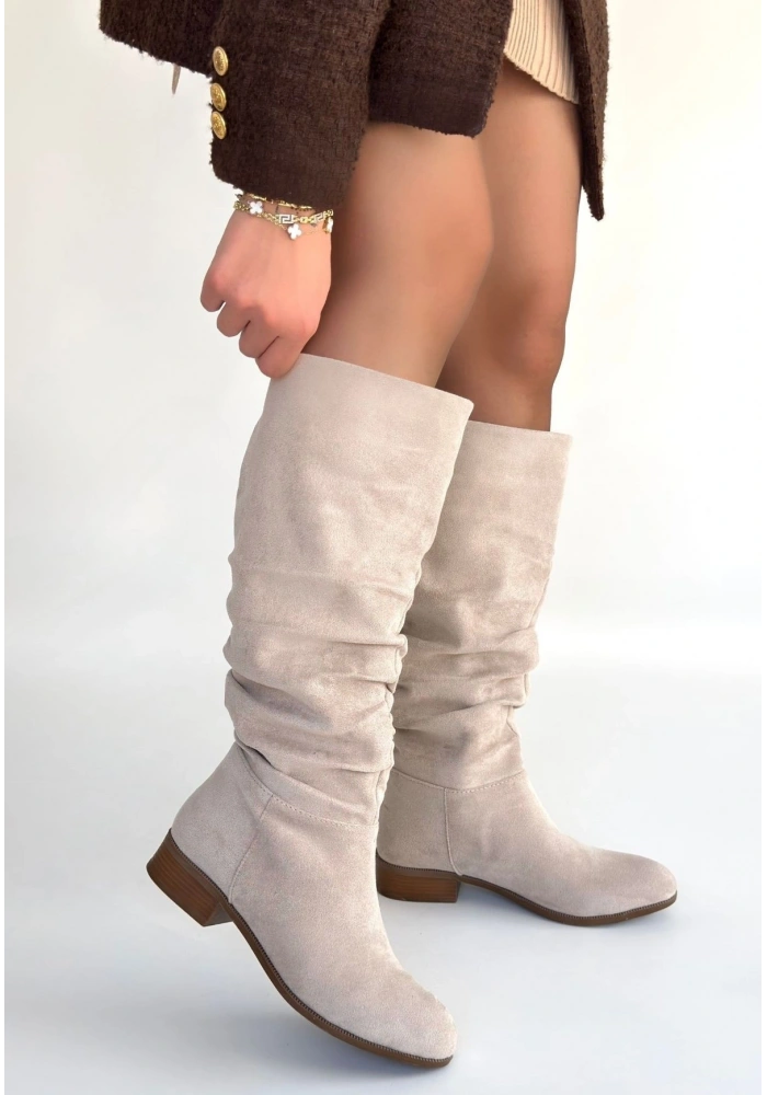 Winda Bej Süet Körüklü Topuklu Çizme