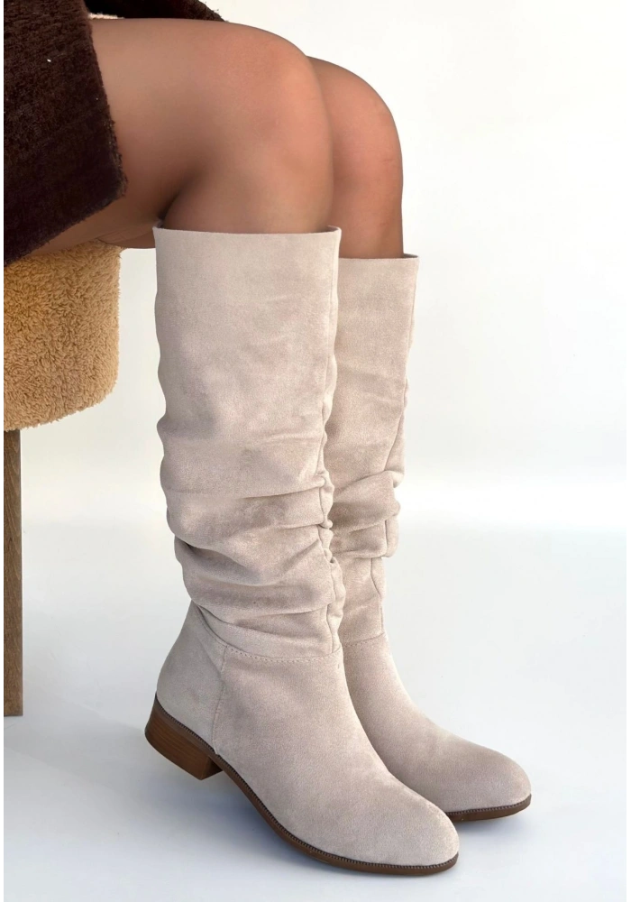 Winda Bej Süet Körüklü Topuklu Çizme