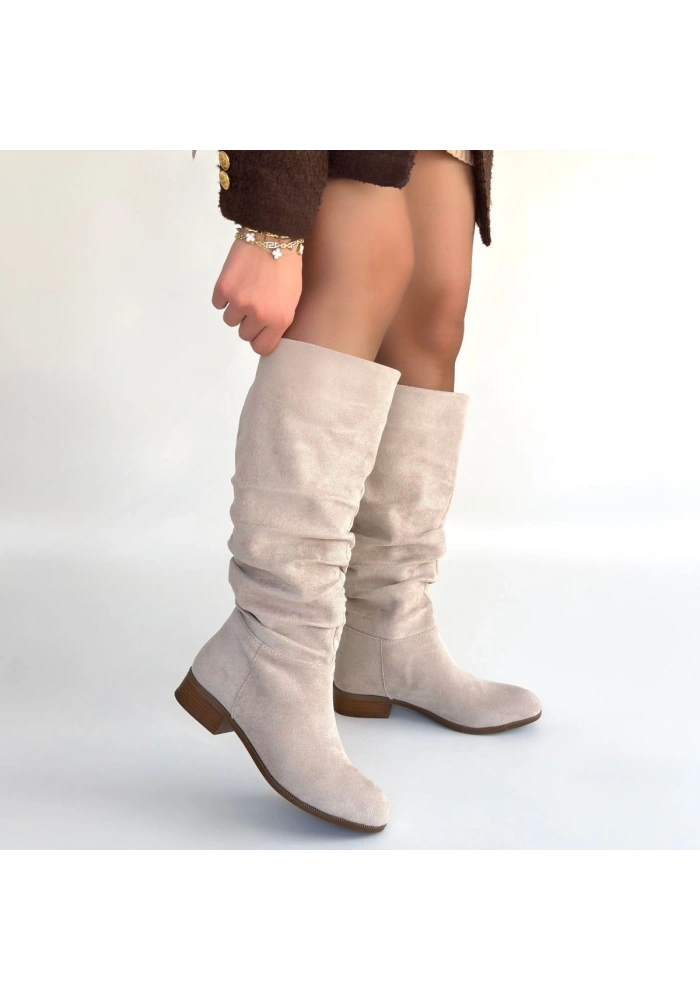 Winda Bej Süet Körüklü Topuklu Çizme