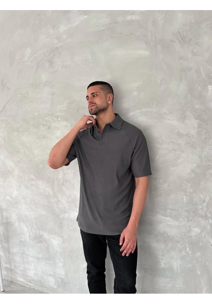 Yakalı Patlı Kısa Kol T-shirt - Antrasit