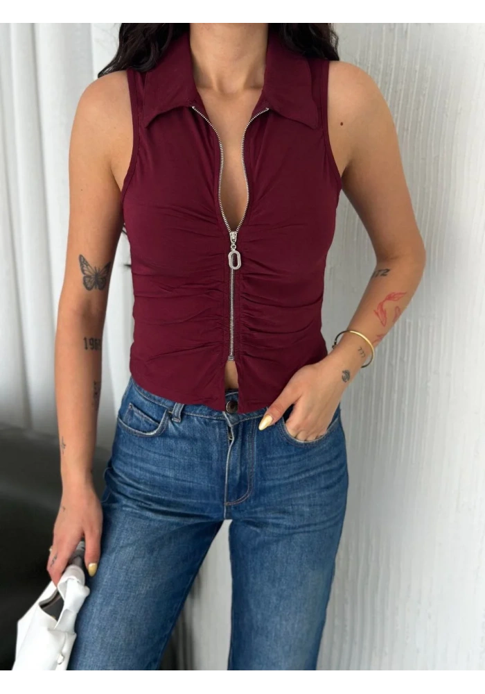 Yakalı Tam Fermuarlı Kolsuz Bluz - Bordo