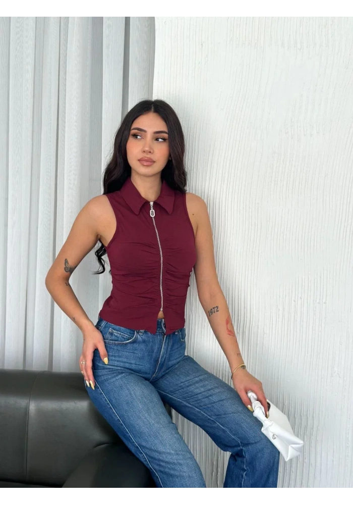 Yakalı Tam Fermuarlı Kolsuz Bluz - Bordo