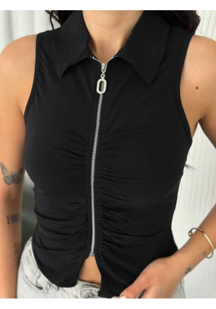 Yakalı Tam Fermuarlı Kolsuz Bluz - Siyah