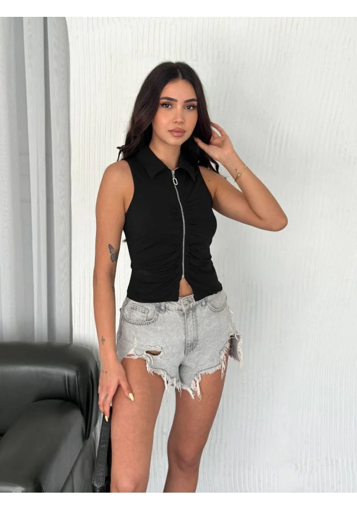 Yakalı Tam Fermuarlı Kolsuz Bluz - Siyah