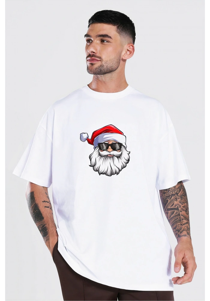 Yılbaşı Gözlüklü Noel Baba Baskılı Kısa Kollu Oversize Bisiklet Yaka T-shirt - Beyaz