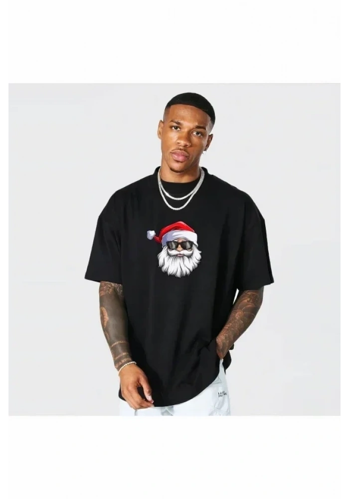 Yılbaşı Gözlüklü Noel Baba Baskılı Kısa Kollu Oversize Bisiklet Yaka T-shirt - Siyah