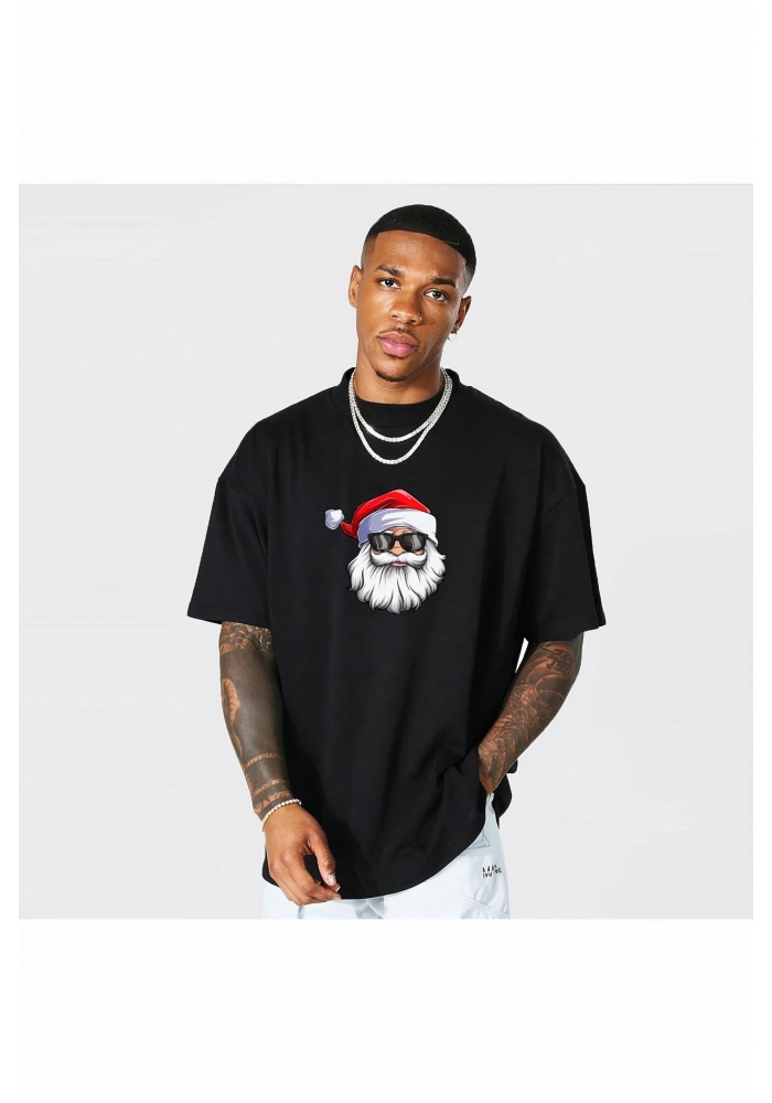 Yılbaşı Gözlüklü Noel Baba Baskılı Kısa Kollu Oversize Bisiklet Yaka T-shirt - Siyah