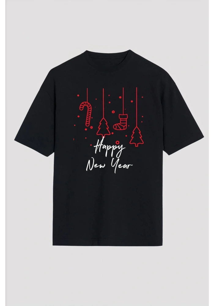 Yılbaşı Happy New Year Baskılı Kısa Kollu Oversize Bisiklet Yaka T-shirt - Siyah