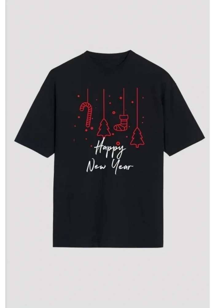 Yılbaşı Happy New Year Baskılı Kısa Kollu Oversize Bisiklet Yaka T-shirt - Siyah