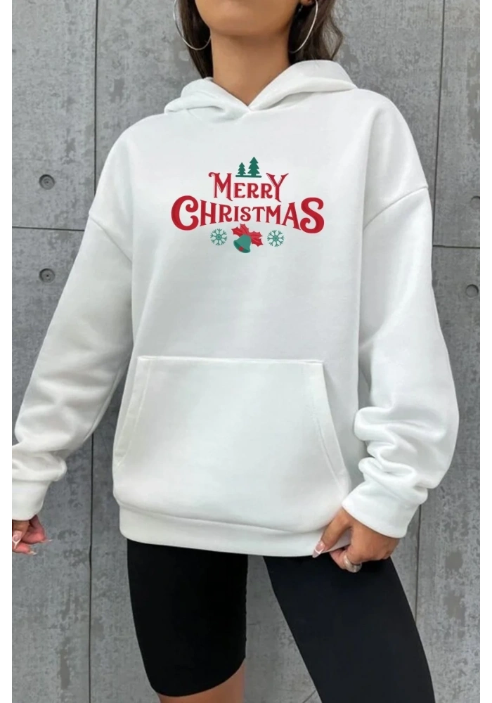Yılbaşı Merry Christmas Baskılı Oversize Kapüşonlu Sweatshirt Hoodie - Beyaz