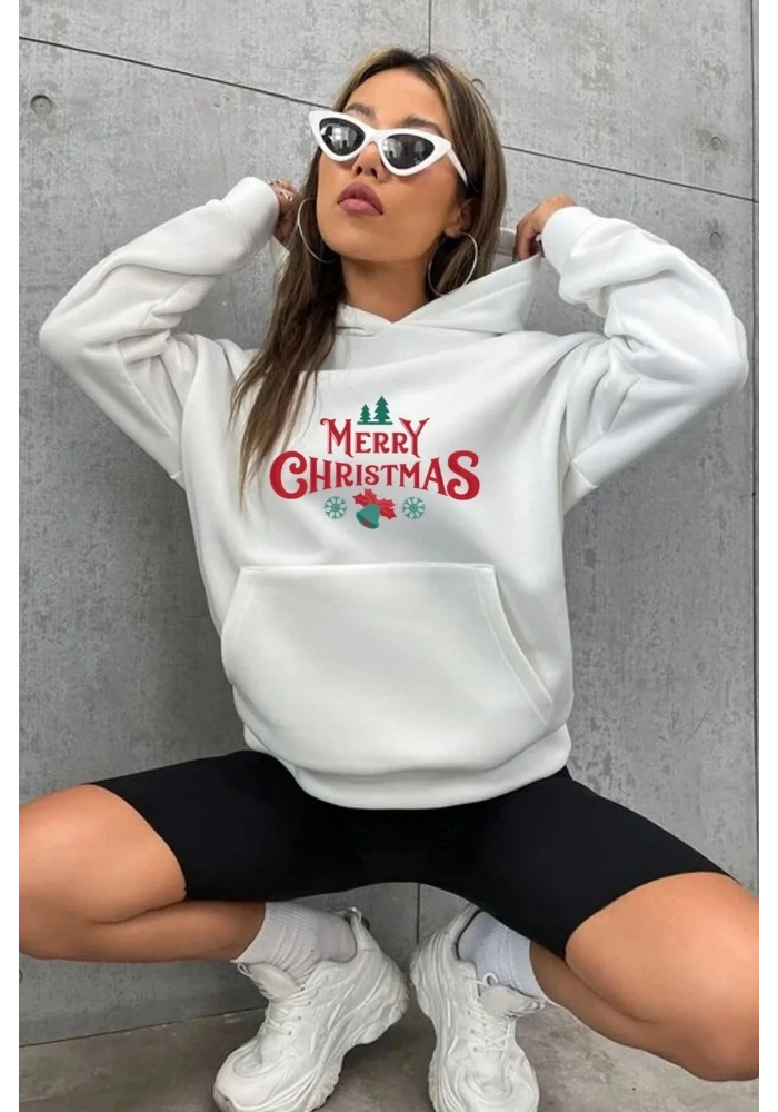 Yılbaşı Merry Christmas Baskılı Oversize Kapüşonlu Sweatshirt Hoodie - Beyaz