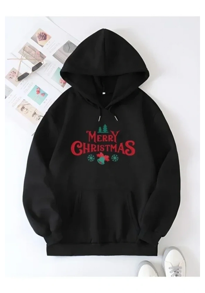 Yılbaşı Merry Christmas Baskılı Oversize Kapüşonlu Sweatshirt Hoodie - Siyah
