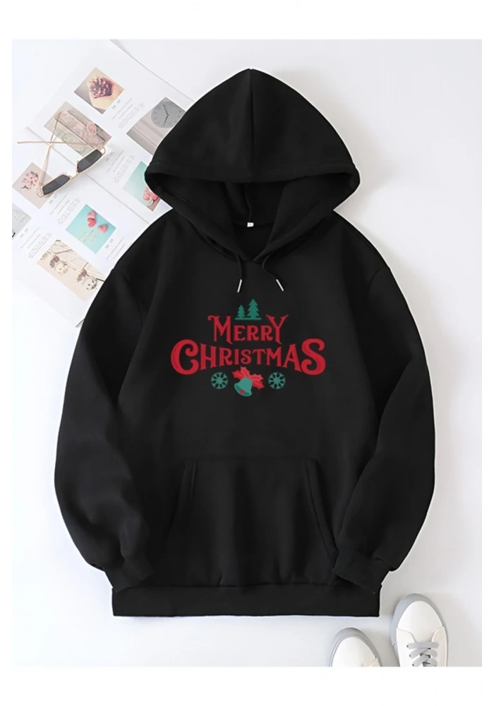 Yılbaşı Merry Christmas Baskılı Oversize Kapüşonlu Sweatshirt Hoodie - Siyah
