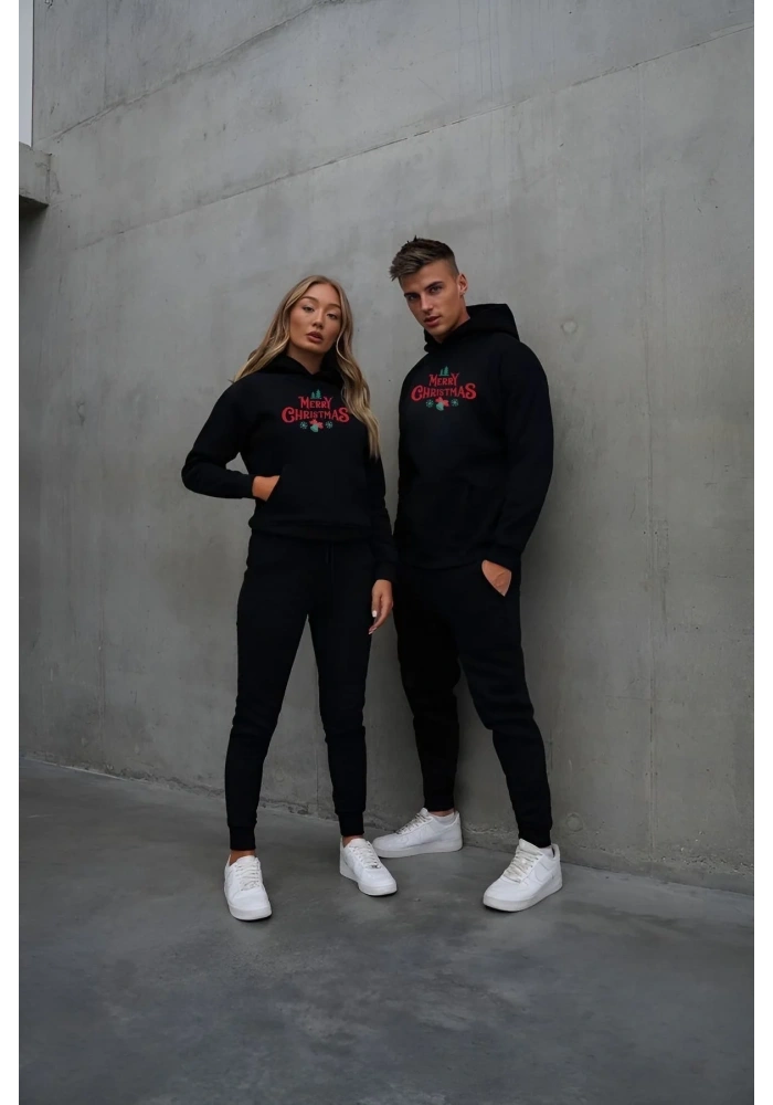 Yılbaşı Merry Christmas Baskılı Oversize Kapüşonlu Sweatshirt Hoodie - Siyah
