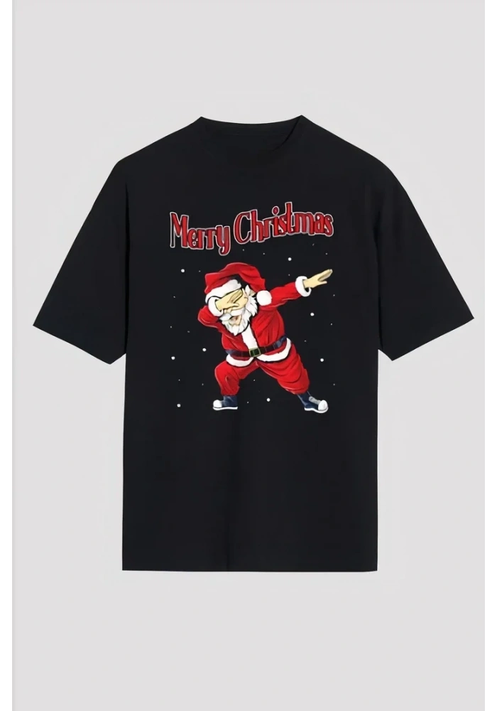 Yılbaşı Merry Christmas Noel Baba Baskılı Oversize Bisiklet Yaka T-shirt - Siyah