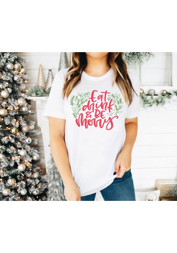 Yılbaşı Noel Baskılı Kısa Kollu Oversize Bisiklet Yaka T-shirt - Beyaz