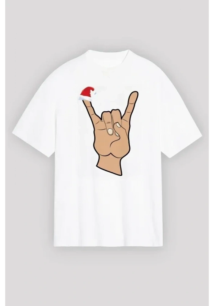 Yılbaşı Noel Başlıklı Serçe Parmak Baskılı Oversize Bisiklet Yaka T-shirt - Beyaz