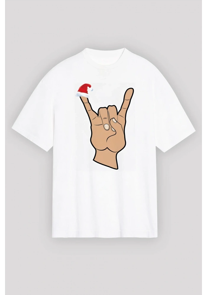 Yılbaşı Noel Başlıklı Serçe Parmak Baskılı Oversize Bisiklet Yaka T-shirt - Beyaz
