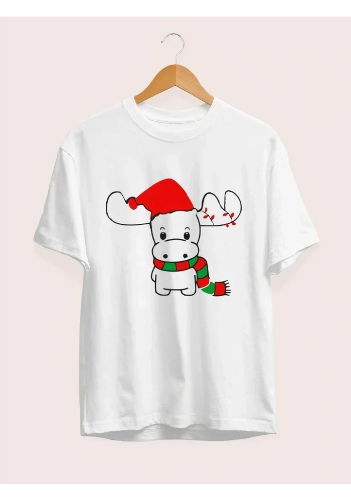 Yılbaşı Noel Ren Geyiği Baskılı Kısa Kollu Oversize Bisiklet Yaka T-shirt - Beyaz