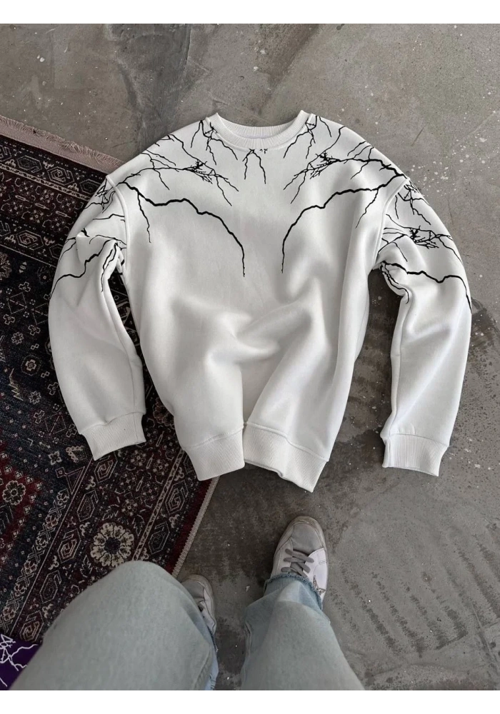 Erkek Yıldırım Baskılı Bisiklet Yaka SweatShirt - Beyaz