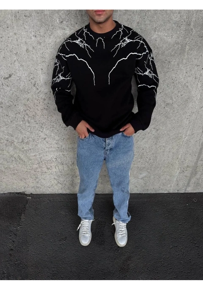 Yıldırım Baskılı Bisiklet Yaka SweatShirt - Siyah